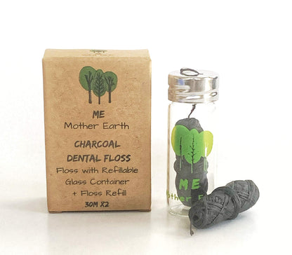 Vegan Bamboo Charcoal Dental Floss with Refillable Glass Container | Free Refill | Peppermint