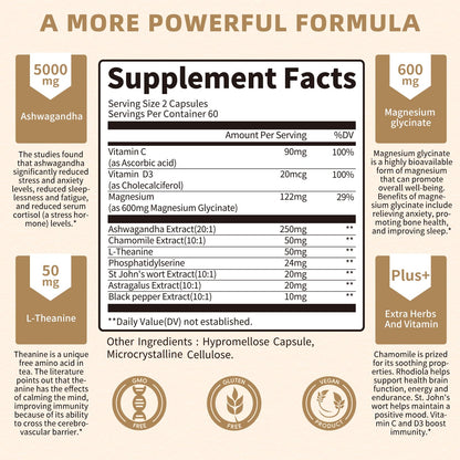 Lukaree 10-in-1 Cortisol Supplements – KSM-66 Ashwagandha + L-Theanine, 120 Caps (2 Pack)