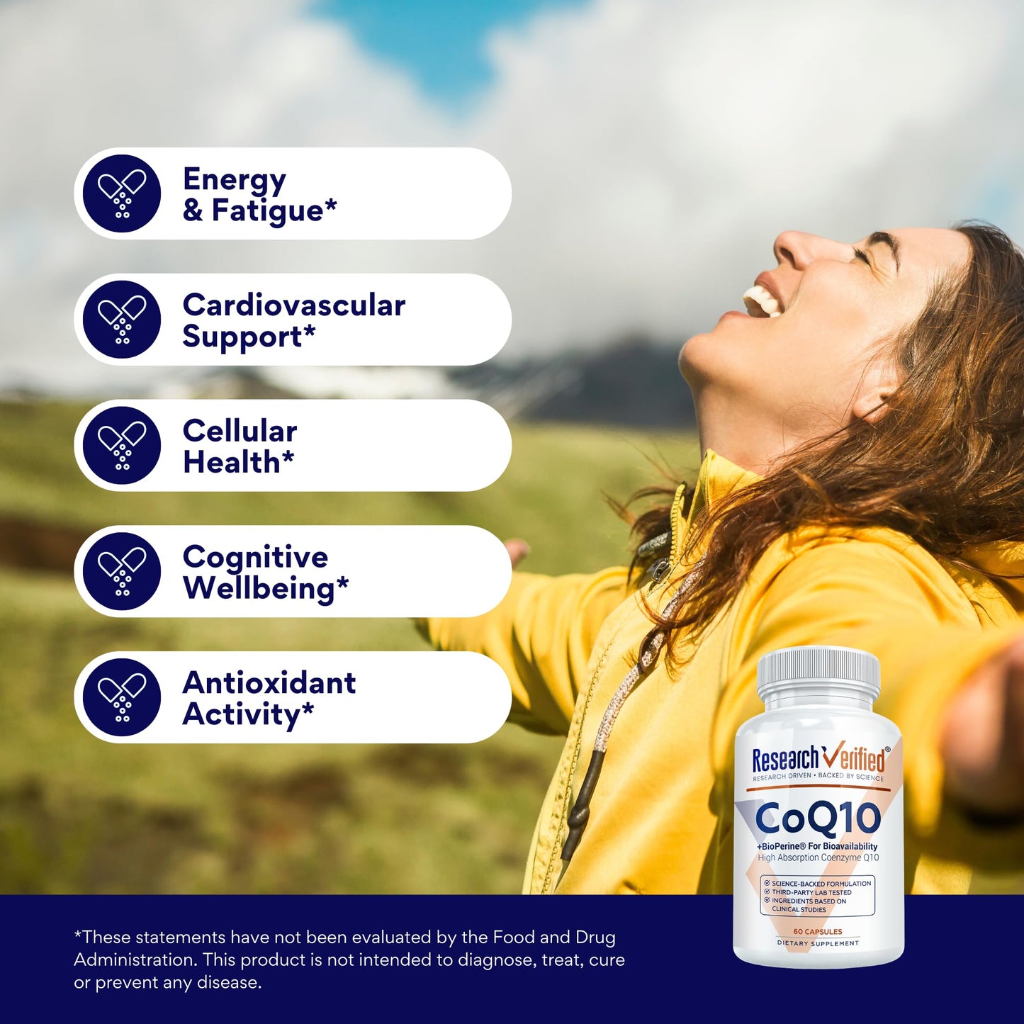 Research Verified CoQ10 – 250mg Pure CoQ10 with Bioperine, 180 Vegan Capsules | Enhanced Absorption