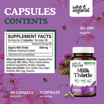 Wild & Organic Milk Thistle 1000mg Capsules - Liver Support, 60 Vegan Capsules