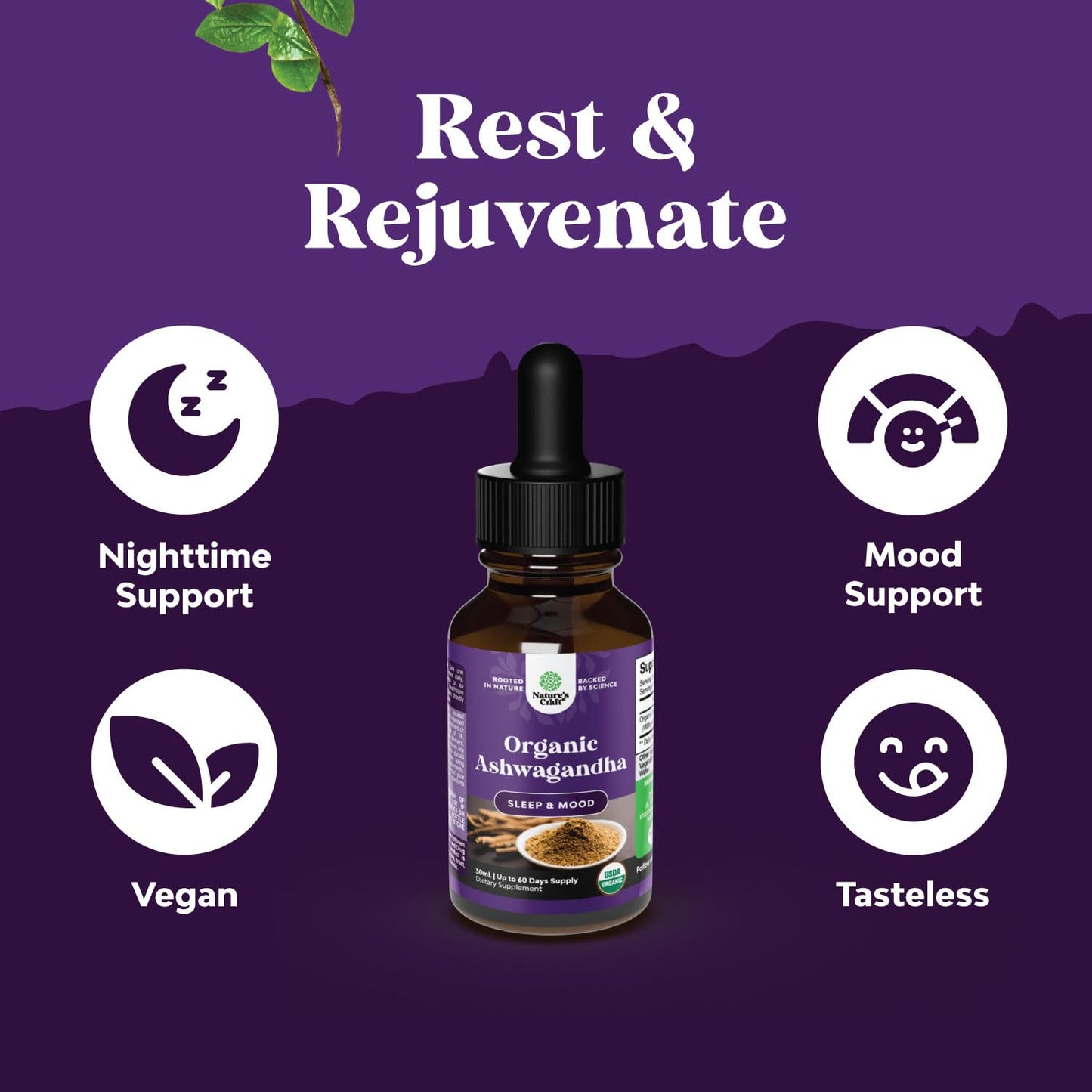 USDA Organic Ashwagandha Liquid Drops - Stress & Mood Support (Alcohol-Free, 30 ml)