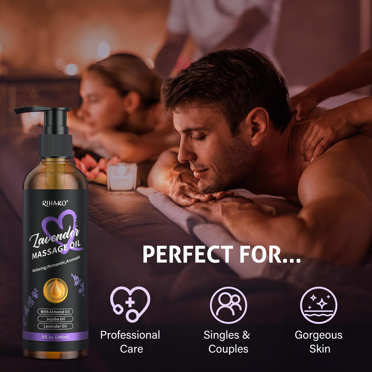 Date Night Lavender Body Massage Oil for Couples – Vegan, Smooth Glide (8 fl oz)
