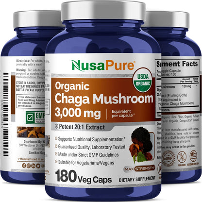 NusaPure Chaga 20:1 Extract – 150 mg (3000 mg) per Capsule, 180 Count, USDA Organic, Vegan, Non-GMO, Pack of 2