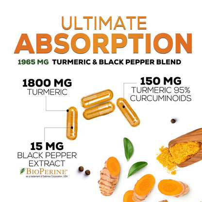 Turmeric Curcumin 1950mg with BioPerine - 95% Curcuminoids | Made in USA | 60 Capsules