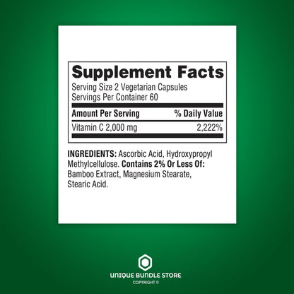 Ultra Strength Vitamin C 2000mg - 120 Capsules | Vegan Dietary Supplement