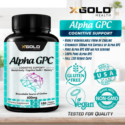 Alpha GPC Choline Supplement 600mg | 180 Veggie Capsules | High-Purity, Bioavailable Nootropic | X Gold Health