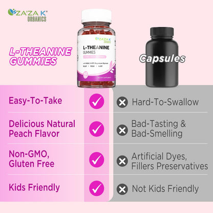 ZA'ZA K ORGANICS L-Theanine 200mg Gummy - Vegan Peach Flavor, Stress & Focus Support (60 Chewables)