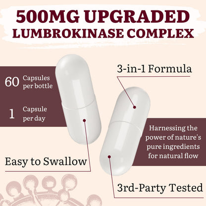 Lumbrokinase 100mg + Nattokinase 100mg + Red Yeast Rice 300mg – Circulation & Cognition, 180 Capsules (Pack of 3)