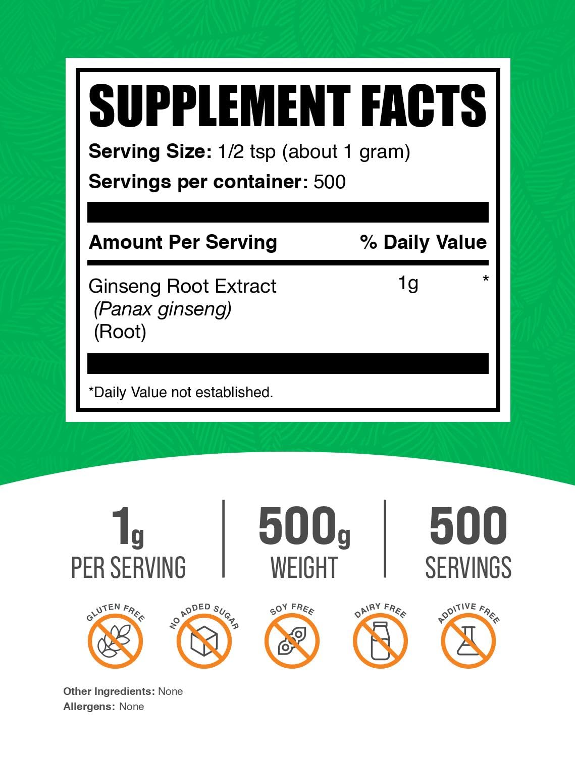 BulkSupplements Ginseng Root Extract Powder – Panax Ginseng Supplement, Vegan & Gluten Free, 1 g/serving, 500 g