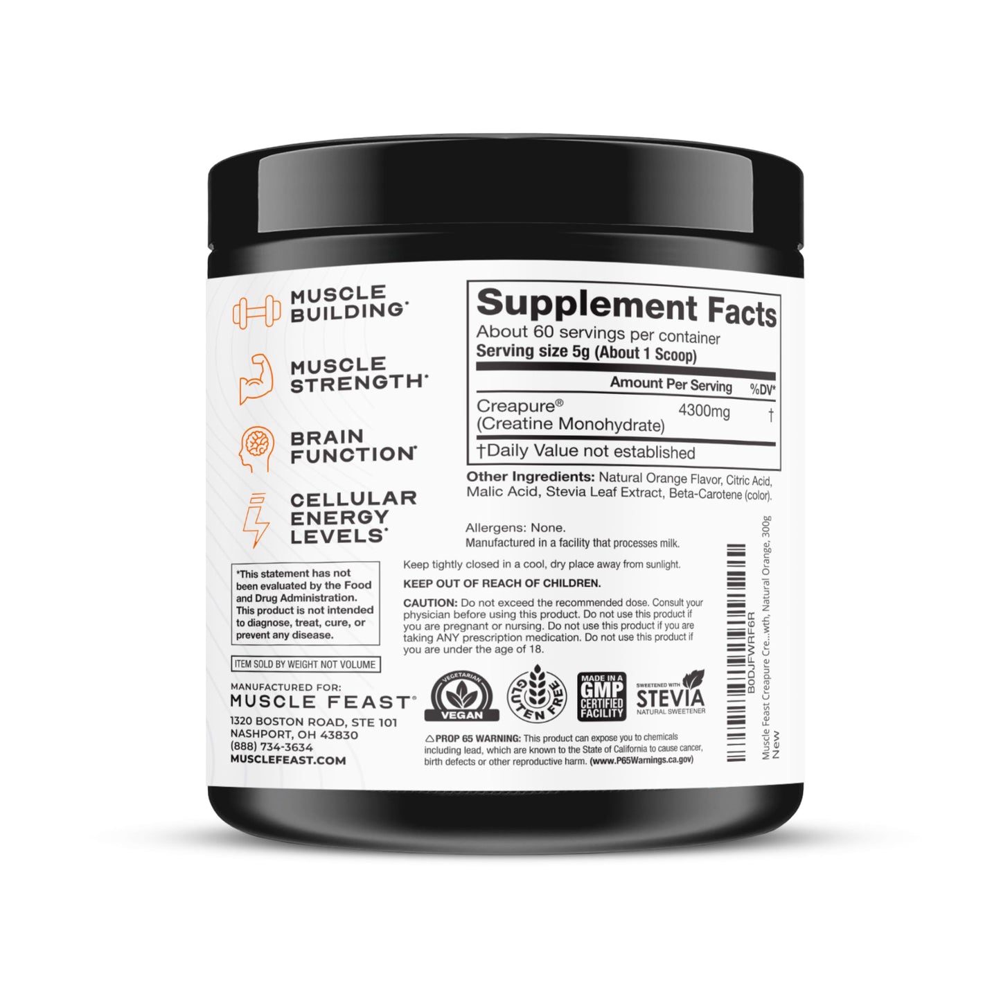 Muscle Feast Creapure Creatine Monohydrate Powder – Natural Orange, 300g | Vegan, Gluten-Free, Easy to Mix