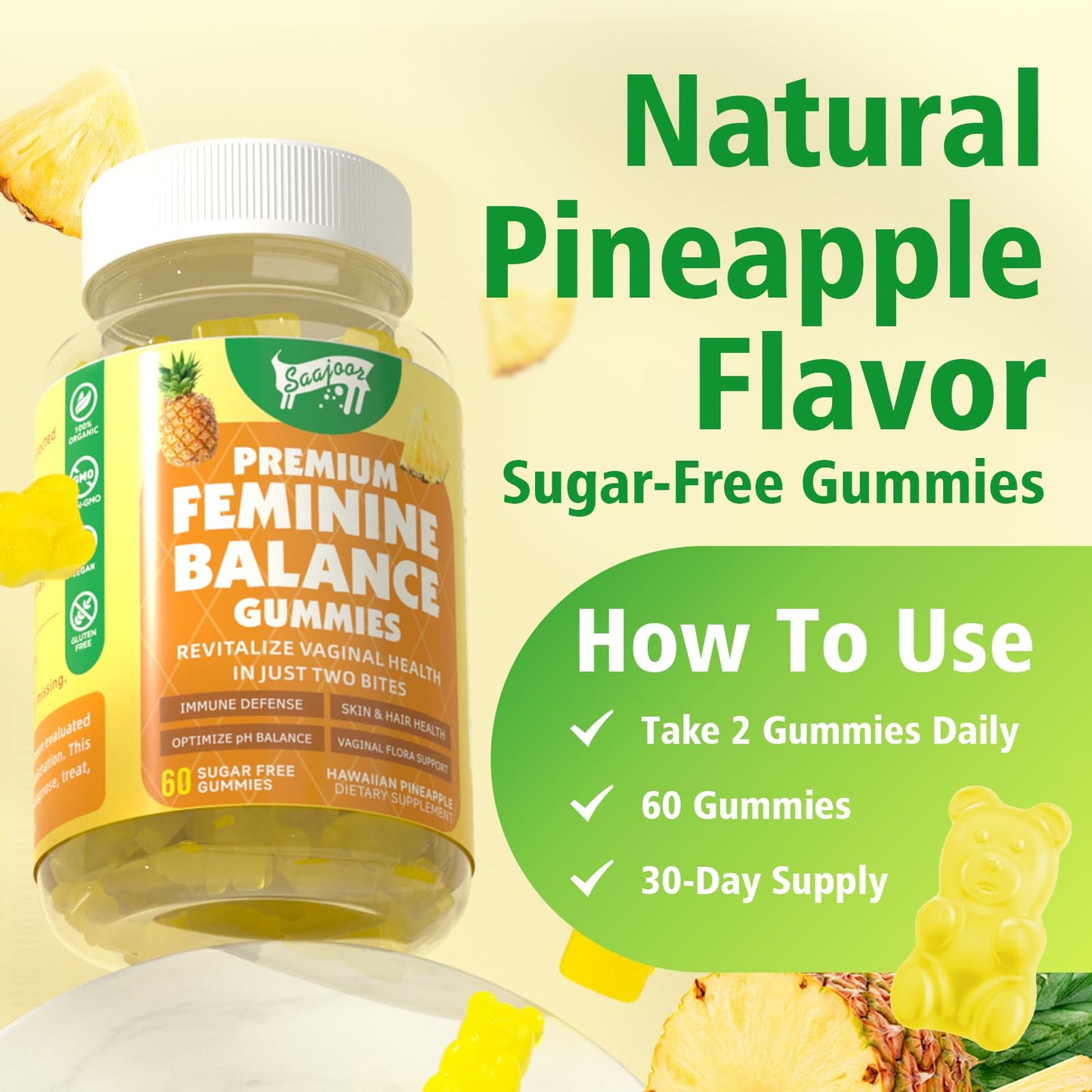 Premium Feminine Balance Gummies for Women's Immune Health – Pineapple Flavor, 120 Count | Vegan & Gluten-Free