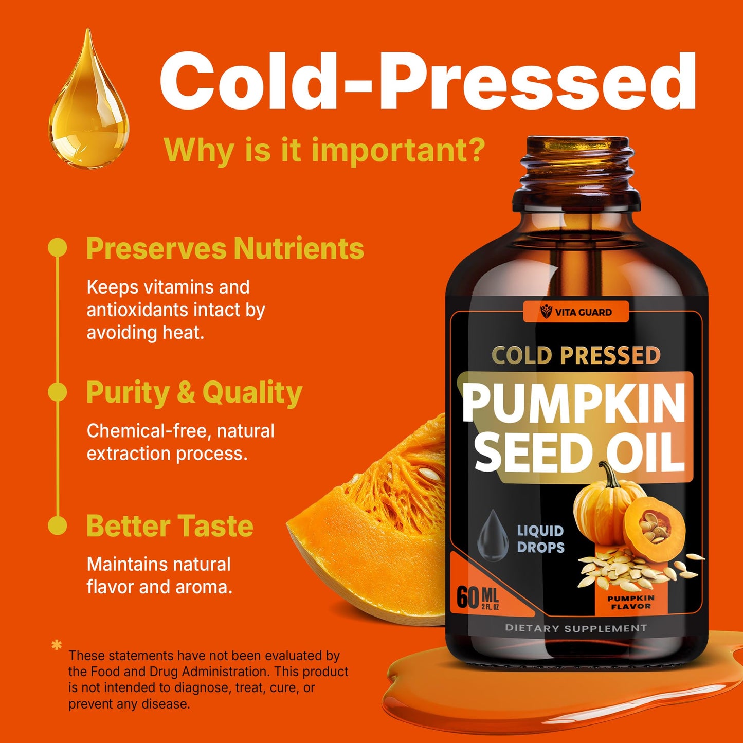 Vita Guard Cold Pressed Pumpkin Seed Oil Liquid Drops – 2000mg per Serving | Vegan, Gluten-Free, Non-GMO | Hair, Skin & Prostate Support | Natural Pumpkin Flavor | 60ml Dietary Supplement
