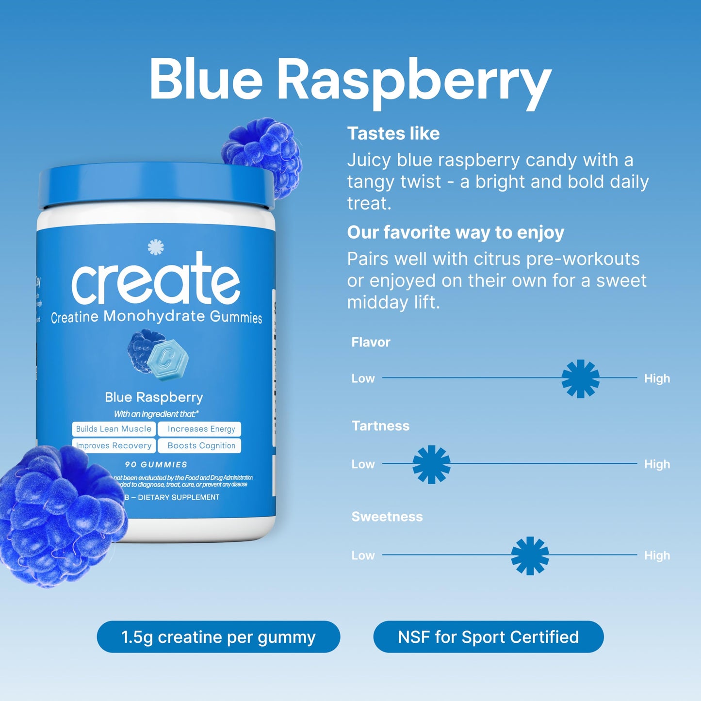 Create Creatine Monohydrate Gummies – 1.5g per Gummy, Vegan, Anti-Melting