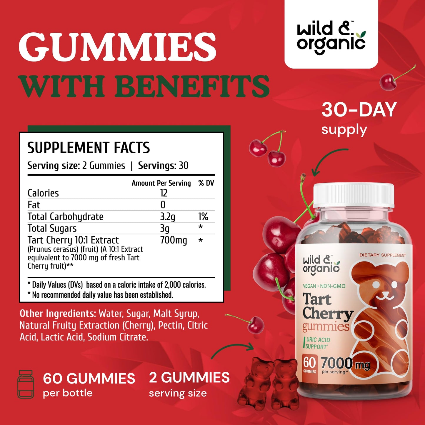 Wild & Organic Tart Cherry Gummies 7000 mg - Tart Cherry Extract for Uric Level Support - 60 Vegan, Non-GMO Chews (Pack of 2)