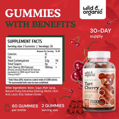 Wild & Organic Tart Cherry Gummies 7000 mg - Tart Cherry Extract for Uric Level Support - 60 Vegan, Non-GMO Chews (Pack of 2)