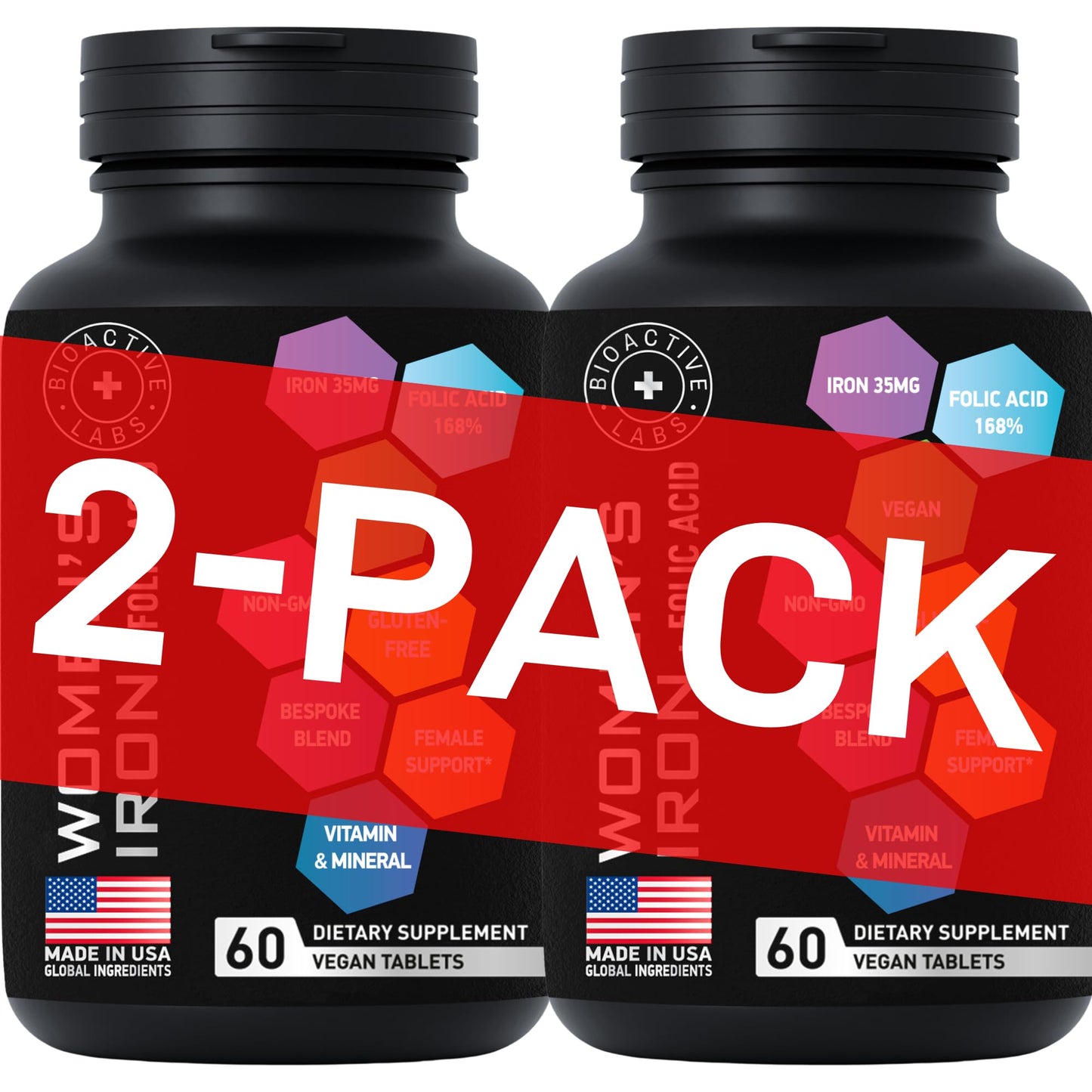 Vegan Iron Supplements for Women with Folic Acid - 2-Pack, 120 Gluten-Free Gentle Iron Tablets | 194% Iron, 168% Folate