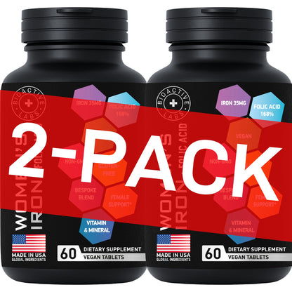 Vegan Iron Supplements for Women with Folic Acid - 2-Pack, 120 Gluten-Free Gentle Iron Tablets | 194% Iron, 168% Folate
