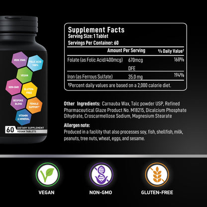 Vegan Iron Supplements for Women with Folic Acid - 2-Pack, 120 Gluten-Free Gentle Iron Tablets | 194% Iron, 168% Folate