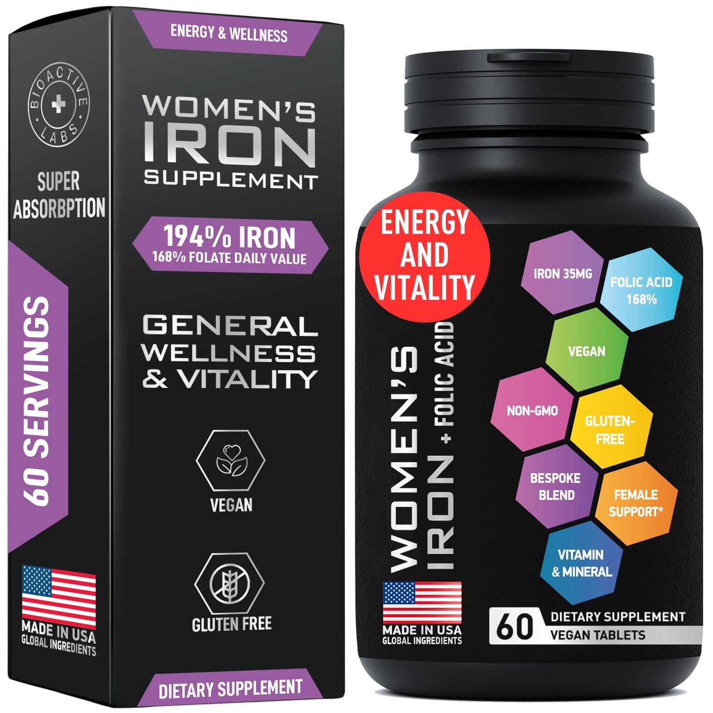 Vegan Iron for Women with Folic Acid | 194% Iron, 168% Folate | Gluten-Free