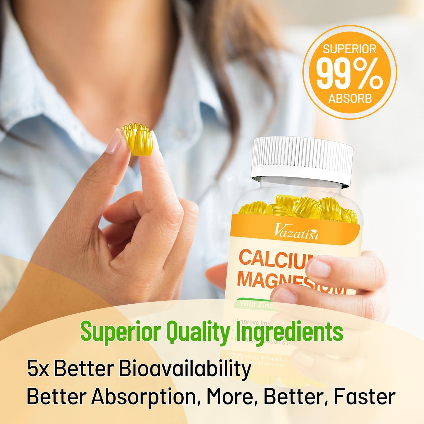 Calcium Magnesium Zinc Gummies with Vitamin D3 & K2 – Vegan Mango-Pineapple, 60 Gummies