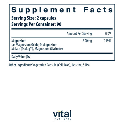 Vital Nutrients Triple Magnesium Complex - 250mg Vegan Magnesium Glycinate, Malate & Oxide | 180 Capsules