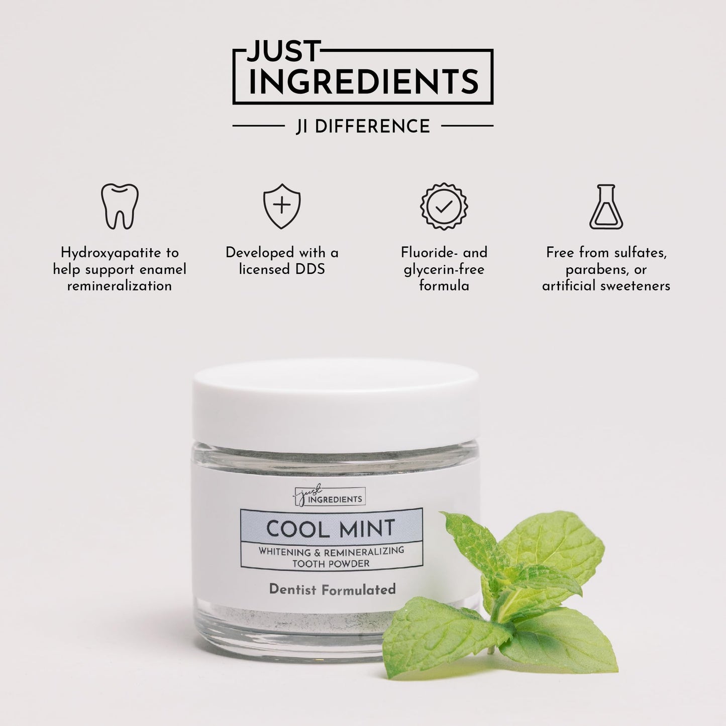 Just Ingredients Remineralizing Tooth Powder - Fluoride-Free Whitening, Vegan, 1 oz
