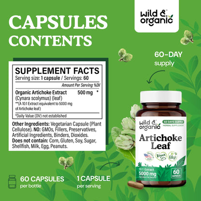 Wild & Organic Artichoke Extract Capsules 500 mg – Liver & Digestive Support – Vegan, Non-GMO – 60 Count