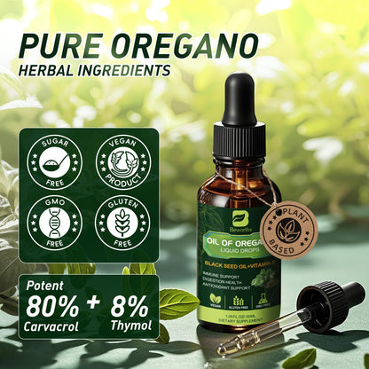Oregano Oil Drops with Black Seed Oil & Vitamin E – Immune Support | Vegan & Non-GMO | 1 Fl Oz