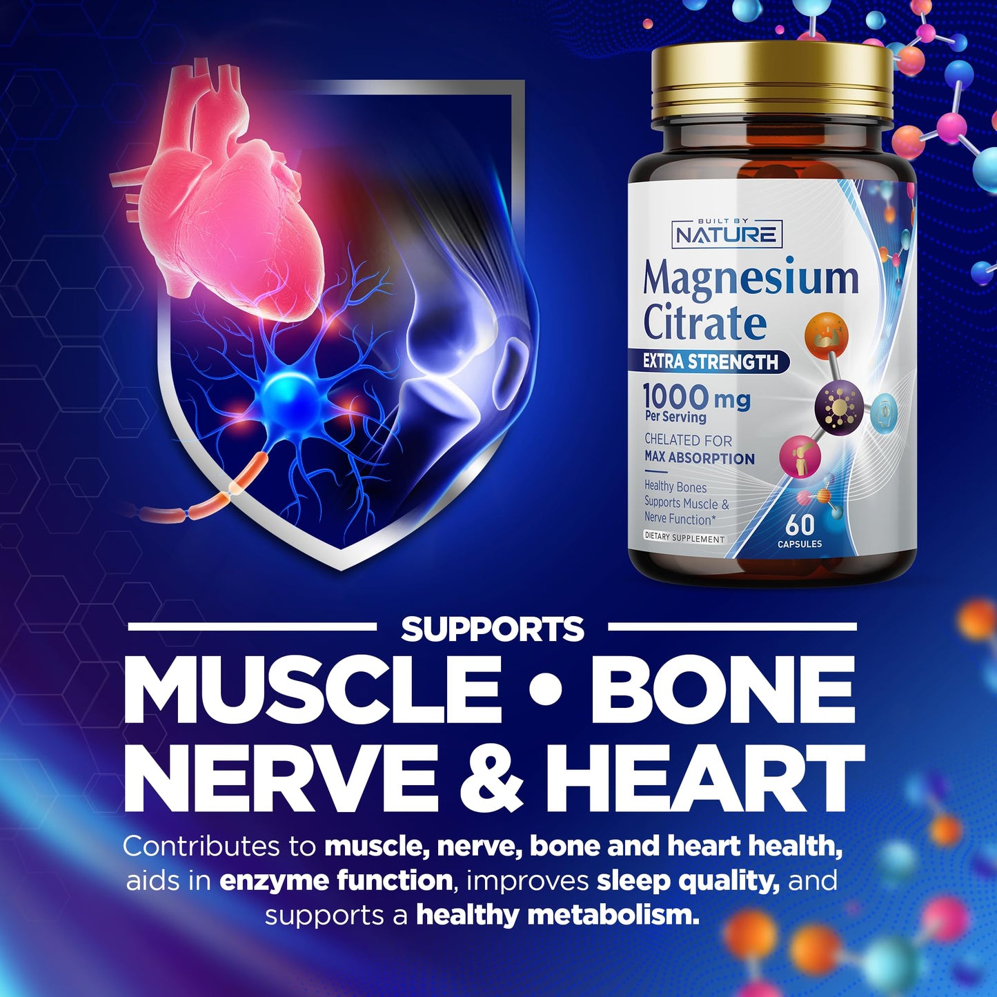 Magnesium Citrate 1000mg - Max Absorption & High Potency Magnesium Complex Supplement for Heart, Muscle, Nerve, Bone Health & Stress Relief - Non-GMO, Gluten-Free - 60 Vegan Capsules
