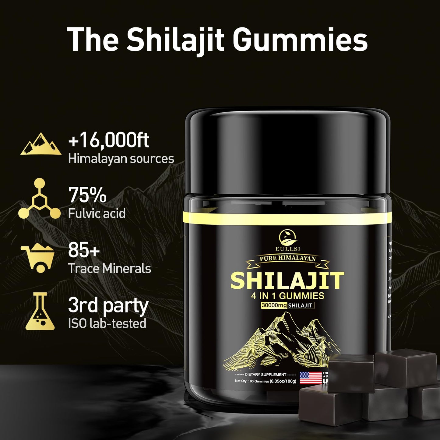 Eullsi Pure Himalayan Shilajit Gummies + Ashwagandha for Energy, Stamina & Immune Support | Vegan Non-GMO, 180 Count