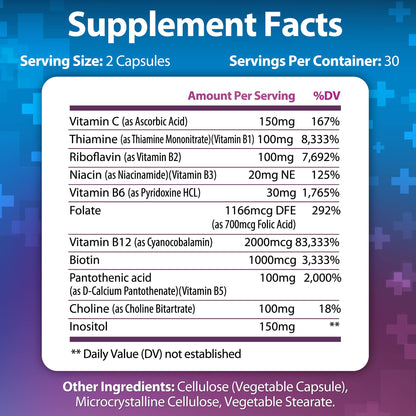 Vitamin B Complex + Vitamin C - Immune, Energy & Metabolism Support | 60 Caps | Vegan