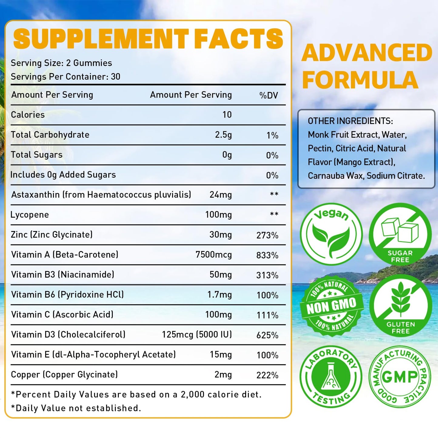 Tanning Gummies for Women & Men – Mango Flavor with Astaxanthin, Lycopene & Beta Carotene
