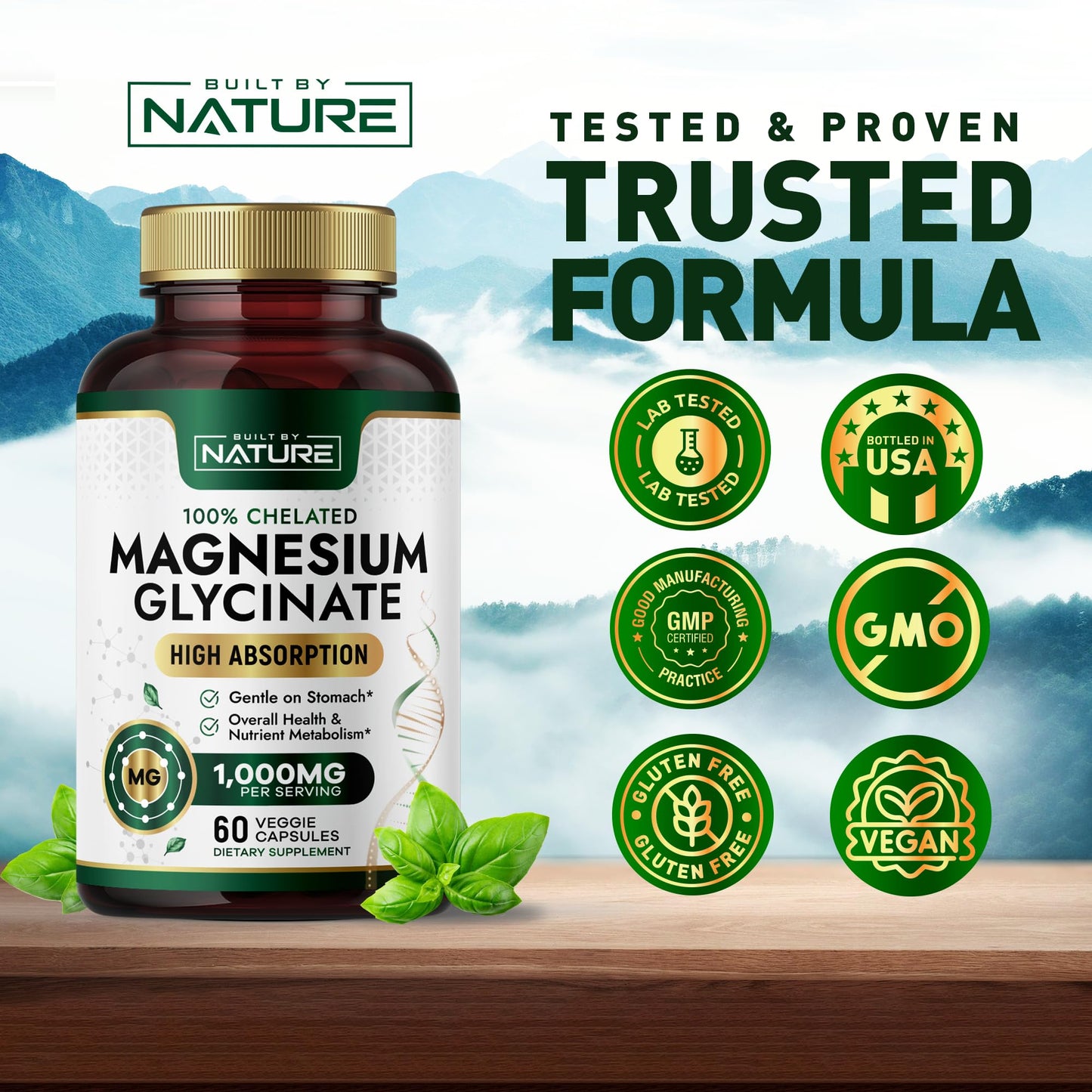 Built By Nature Magnesium Glycinate 1000mg – High Absorption, 100% Chelated, Gentle on Stomach | 60 Capsules