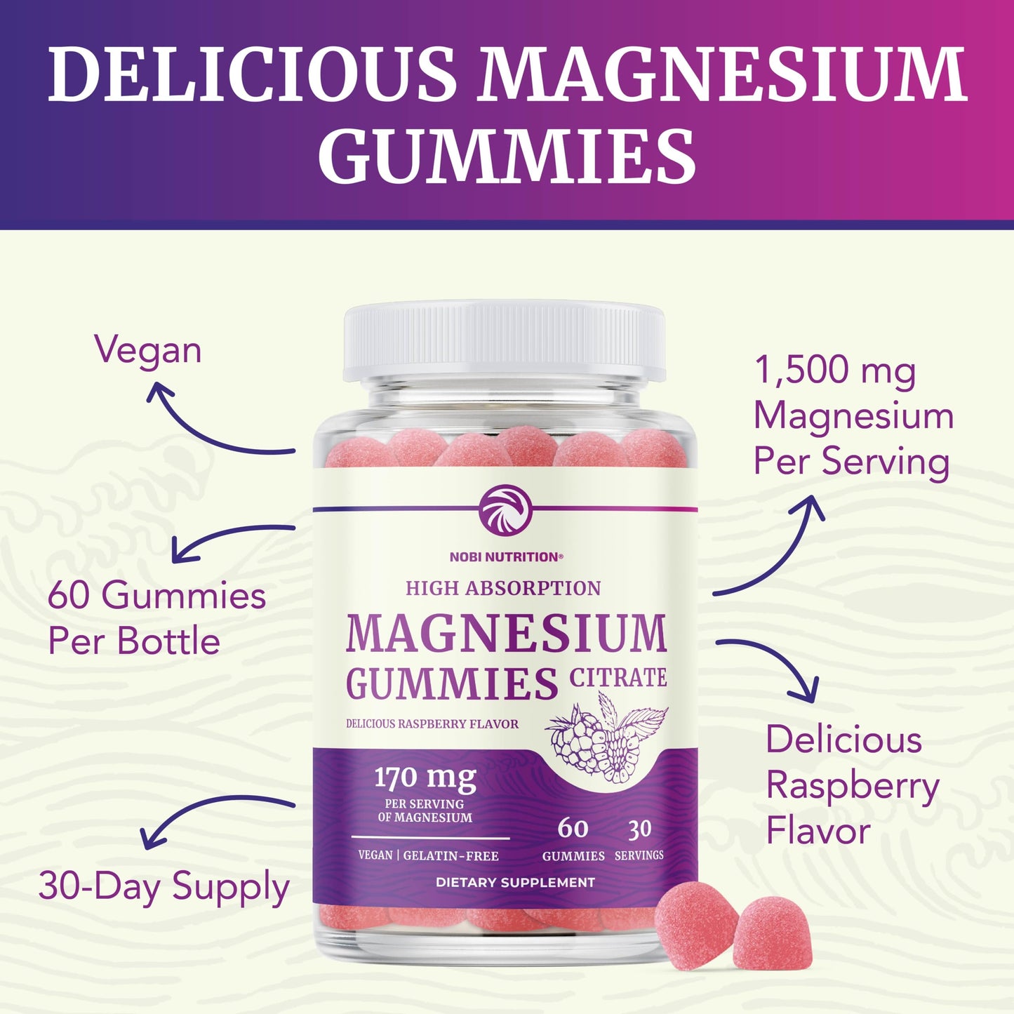 Magnesium Citrate Gummies – Extra Strength, Calm & Digestion | Vegan, Non-GMO | Raspberry 60 Ct