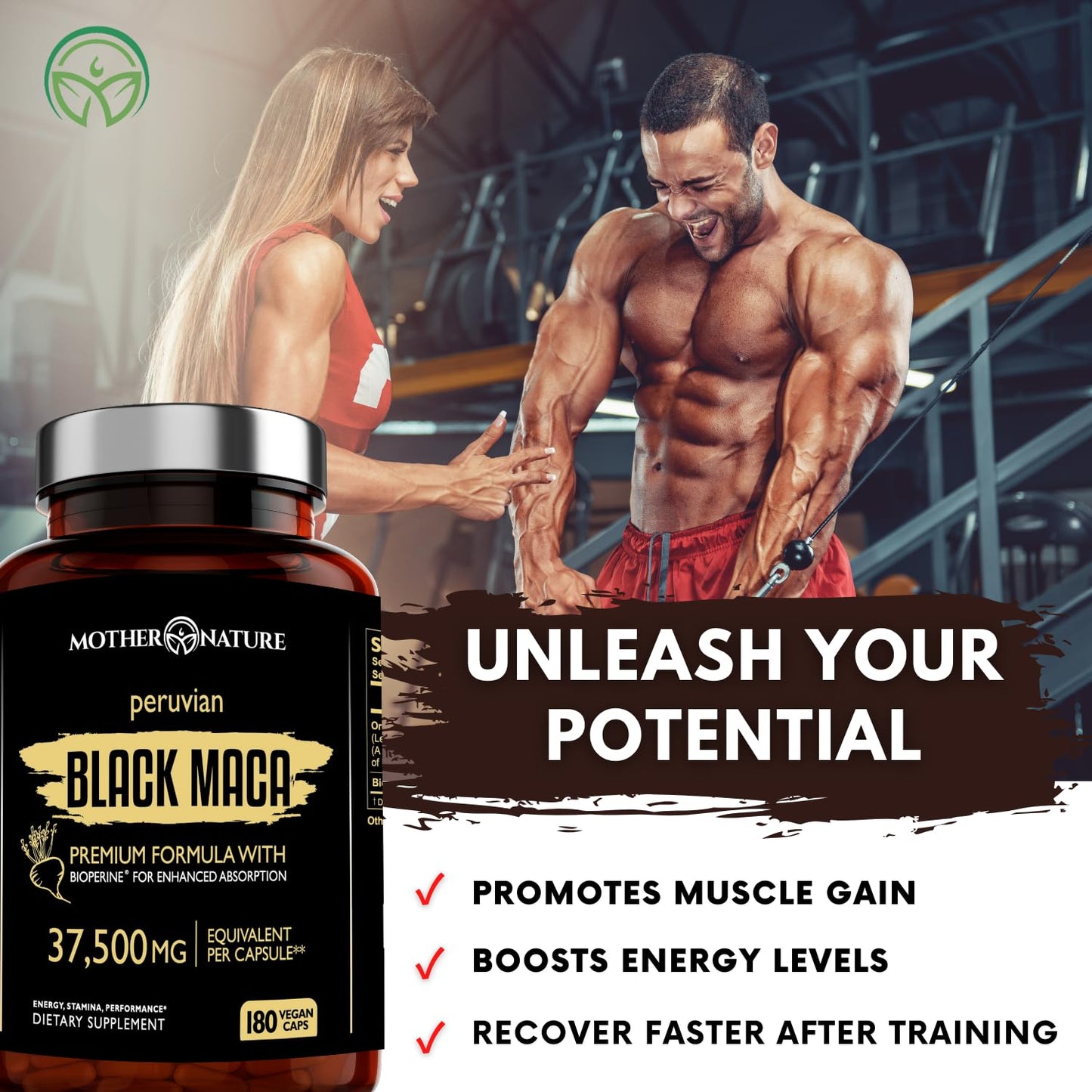 Mother Nature Black Maca 50:1 Extract – 37,500mg per Serving, 180 Vegan Capsules for Men
