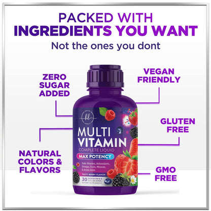 Liquid Multivitamin Sugar Free Berry 15 oz – Vegan, Non-GMO Daily Multivitamin