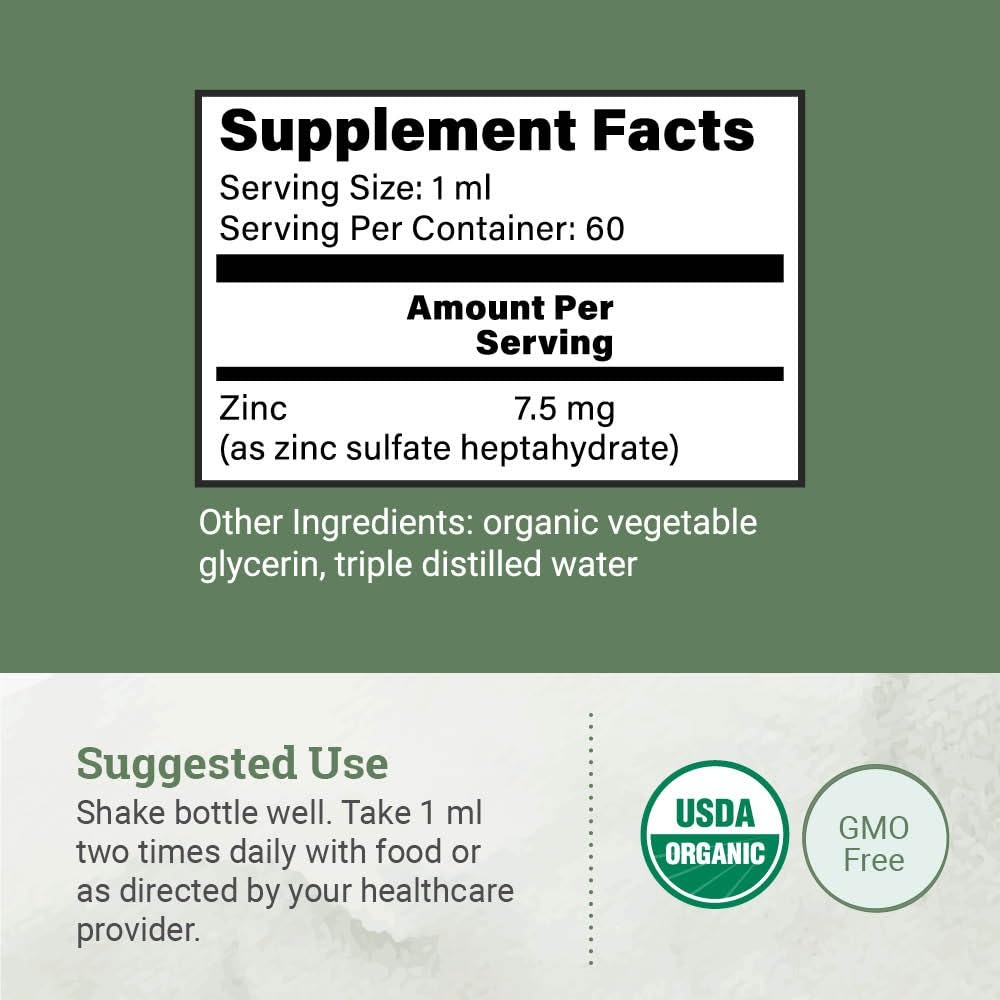 Organic Liquid Zinc Sulfate – Vegan, Non-GMO, 2 oz (7.5 mg) for Skin, Immunity & Cell Growth