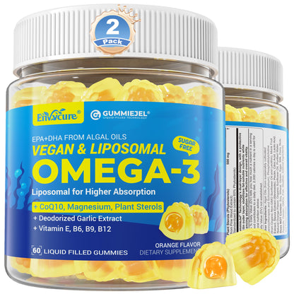 EnvyCure Vegan Omega-3 Gummies 1000mg + CoQ10 + Magnesium – EPA 600mg DHA 400mg, Liposomal Algae, 2-Pack