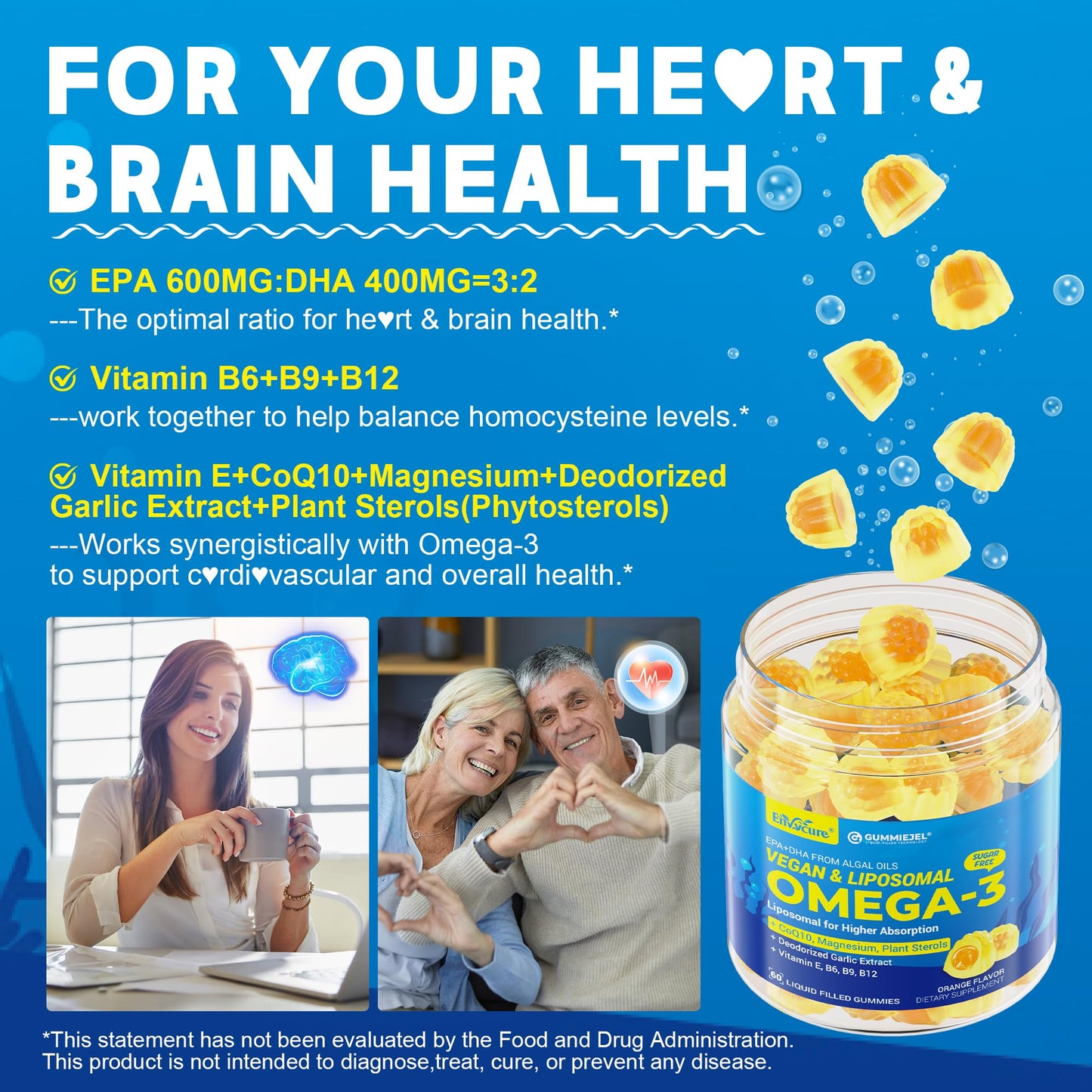 EnvyCure Vegan Omega-3 Gummies 1000mg + CoQ10 + Magnesium – EPA 600mg DHA 400mg, Liposomal Algae, 2-Pack
