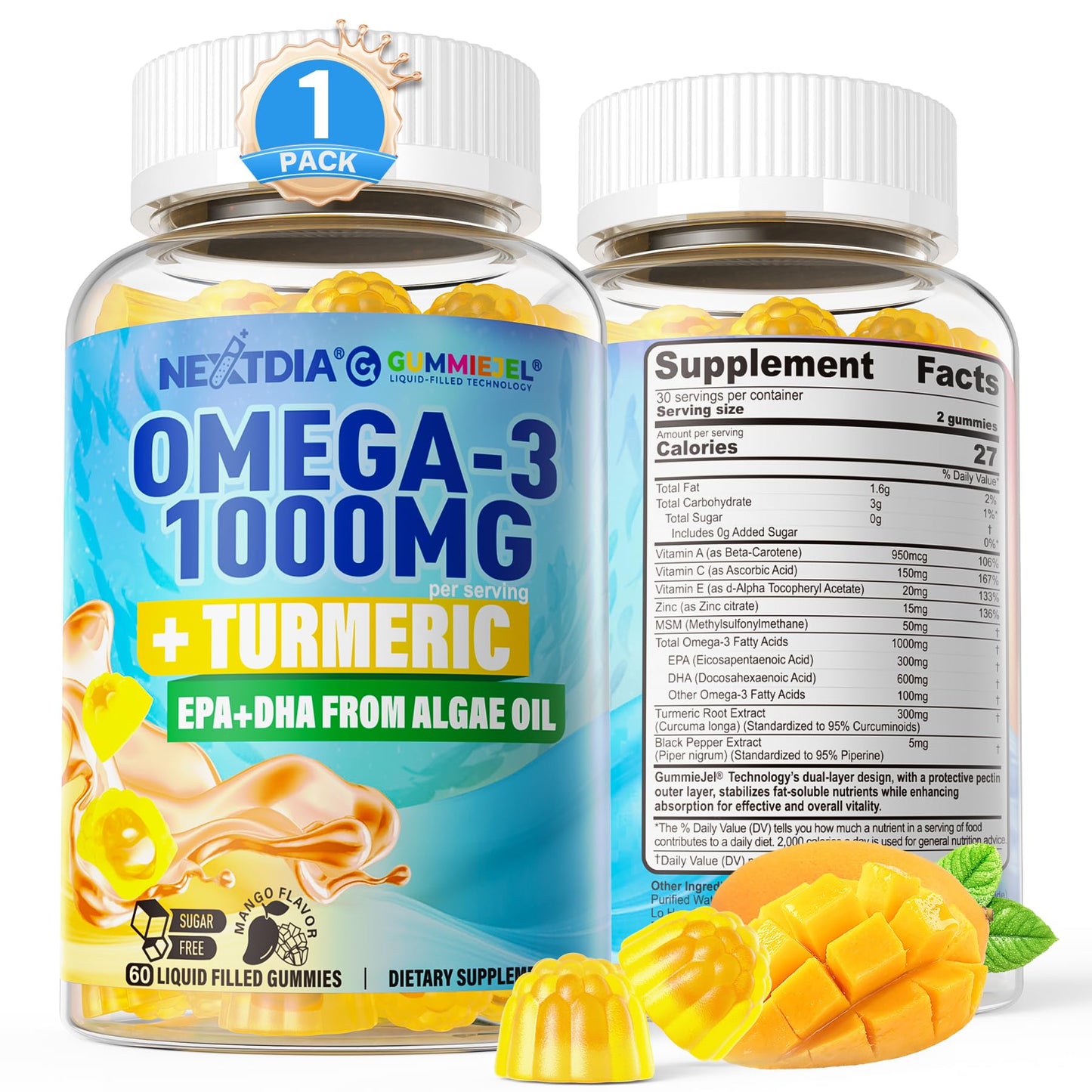 Vegan Omega-3 Gummies 1000mg + Turmeric | Algae DHA 600mg & EPA 300mg | Sugar Free, 60 Count