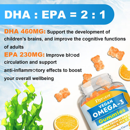 Vegan Omega-3 Gummies with Algal Oil - 1600MG DHA & EPA, 10 Essential Vitamins | Orange Flavor, 60 Count