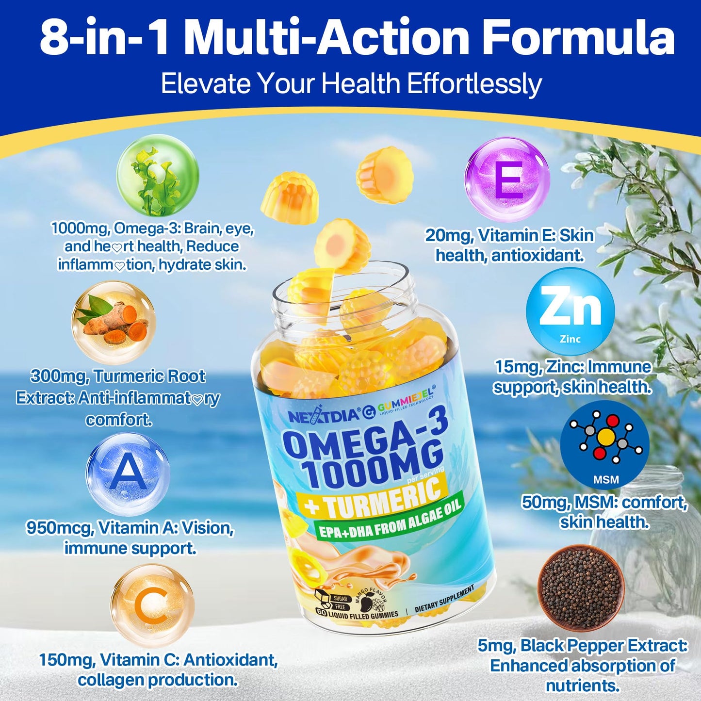 Nextdia Vegan Omega-3 Gummies 1000mg + Turmeric | Algae DHA 600mg & EPA 300mg, Sugar Free, 120 Gummies