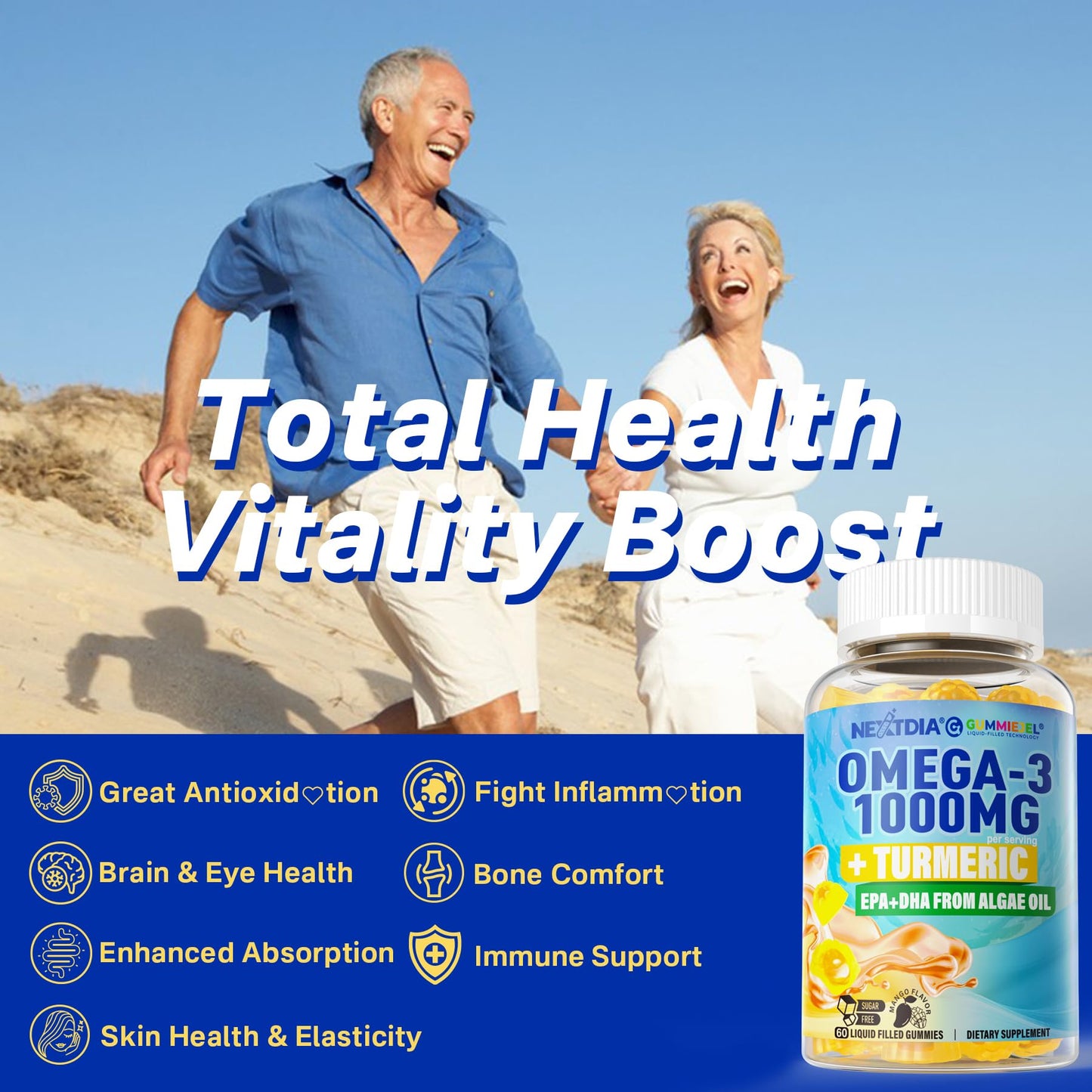 Nextdia Vegan Omega-3 Gummies 1000mg + Turmeric | Algae DHA 600mg & EPA 300mg, Sugar Free, 120 Gummies
