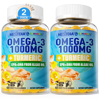 Nextdia Vegan Omega-3 Gummies 1000mg + Turmeric | Algae DHA 600mg & EPA 300mg, Sugar Free, 120 Gummies