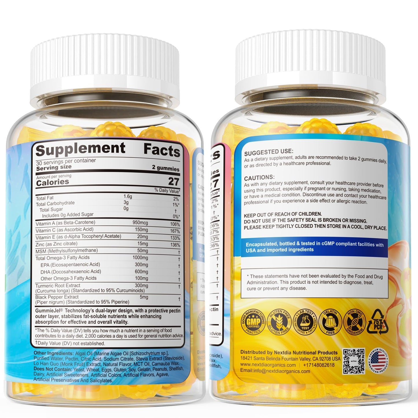 Nextdia Vegan Omega-3 Gummies 1000mg + Turmeric | Algae DHA 600mg & EPA 300mg, Sugar Free, 120 Gummies
