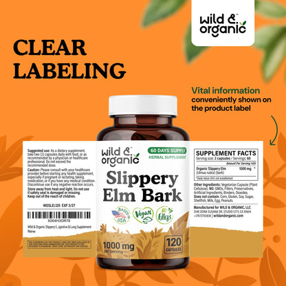 Wild & Organic Slippery Elm Bark Capsules 1000 mg – 120 Count | Digestive, Lung & Women's Support | Vegan, Non-GMO