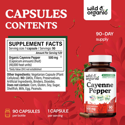 Wild & Organic Cayenne Pepper Capsules 500 mg - Digestive Support (Vegan, Non-GMO)