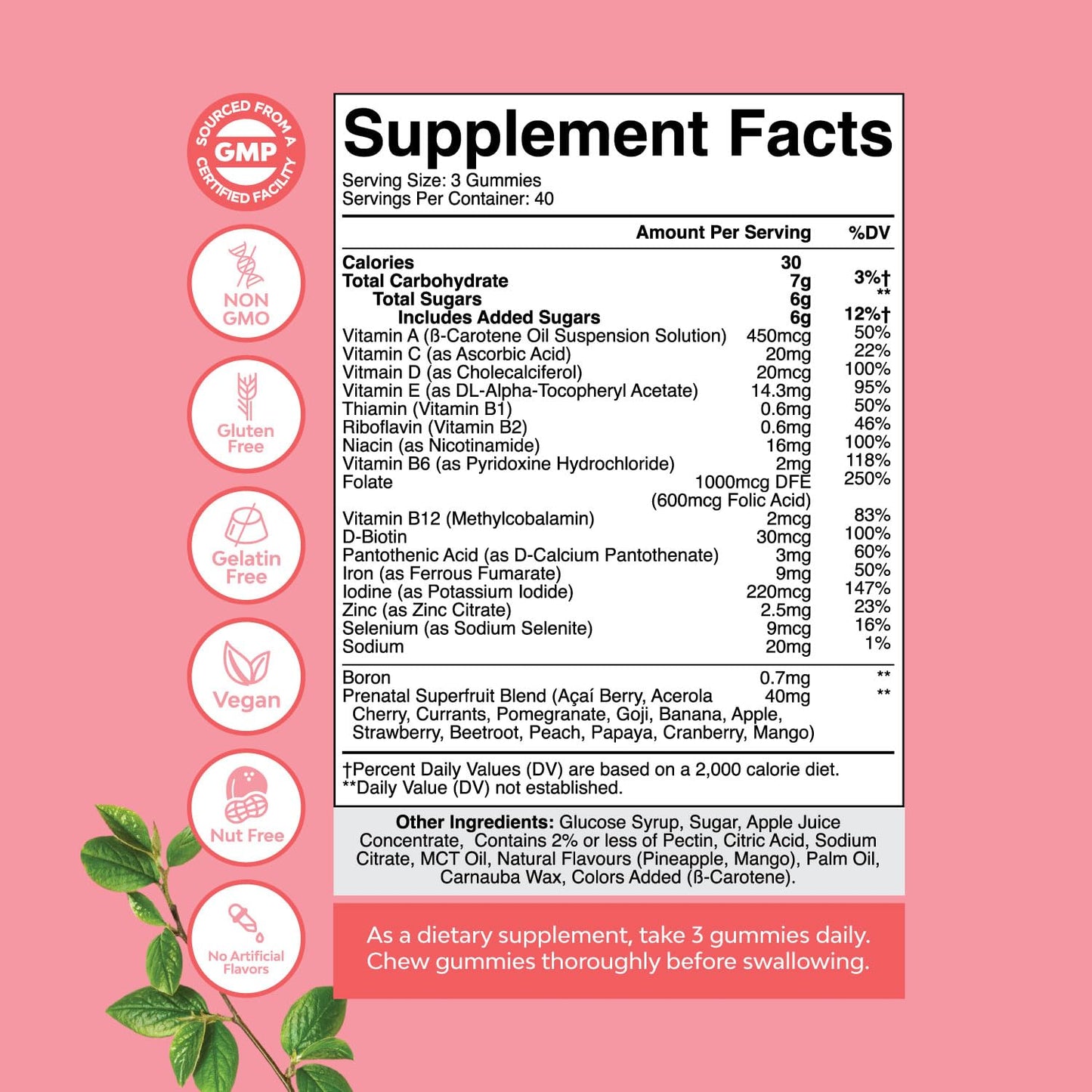 Vegan Prenatal Gummies with Iron & Folic Acid – Pineapple Mango, 40-Day Supply