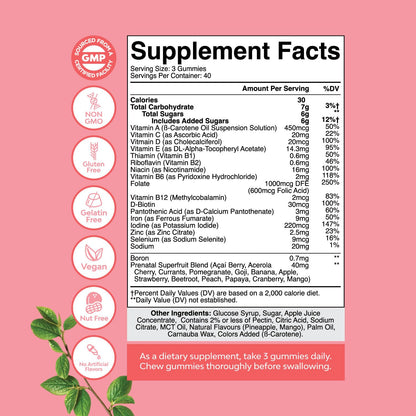 Vegan Prenatal Gummies with Iron & Folic Acid – Pineapple Mango, 40-Day Supply