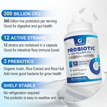 300 Billion CFU Probiotic with 12 Strains & 3 Organic Prebiotics – Daily Digestive & Immune Support, Vegan, Shelf-Stable, 120 Count
